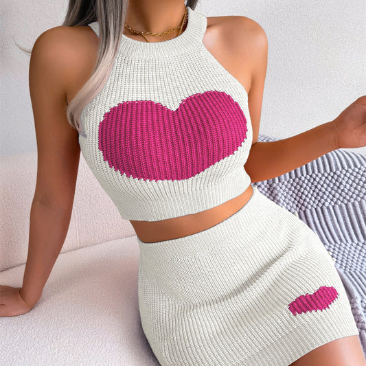 Cute Heart Crop Sweater Skirt Set