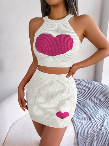 Cute Heart Crop Sweater Skirt Set