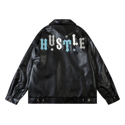 Men's Leather 'Hustle' Embroidery Baggy Jacket