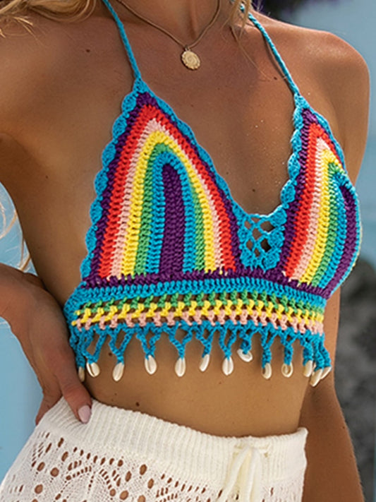 Crochet Contrast Halter Neck Swim Top