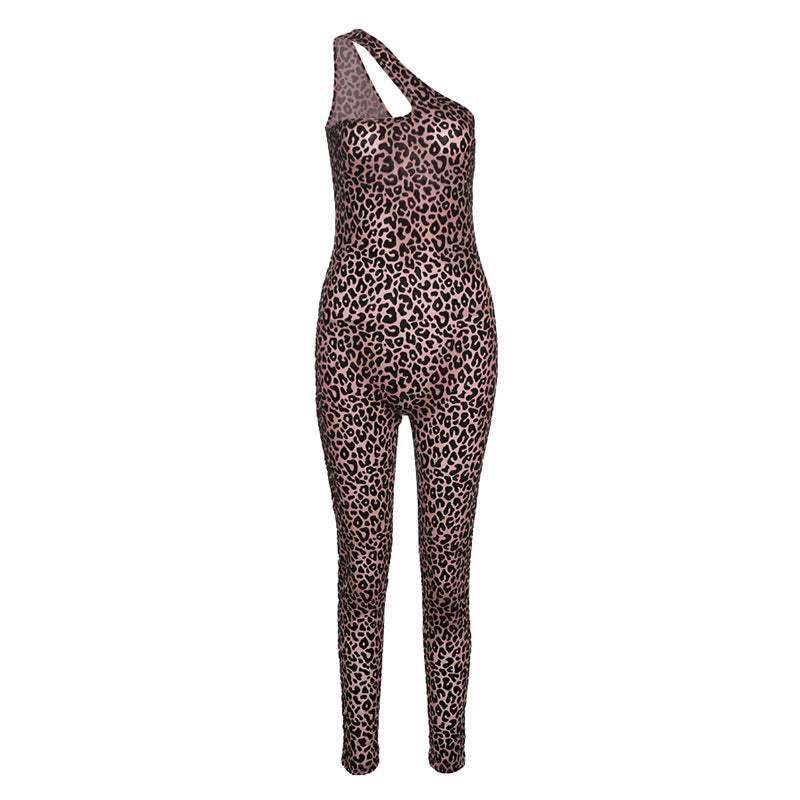 One Shoulder High Waist Skinny Cheetah Print Jumpsuit