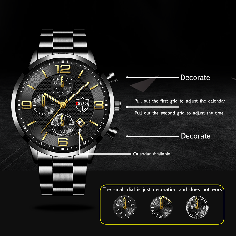 Opulent Elegance Mens Watches Stainless Steel Quartz Leather Band