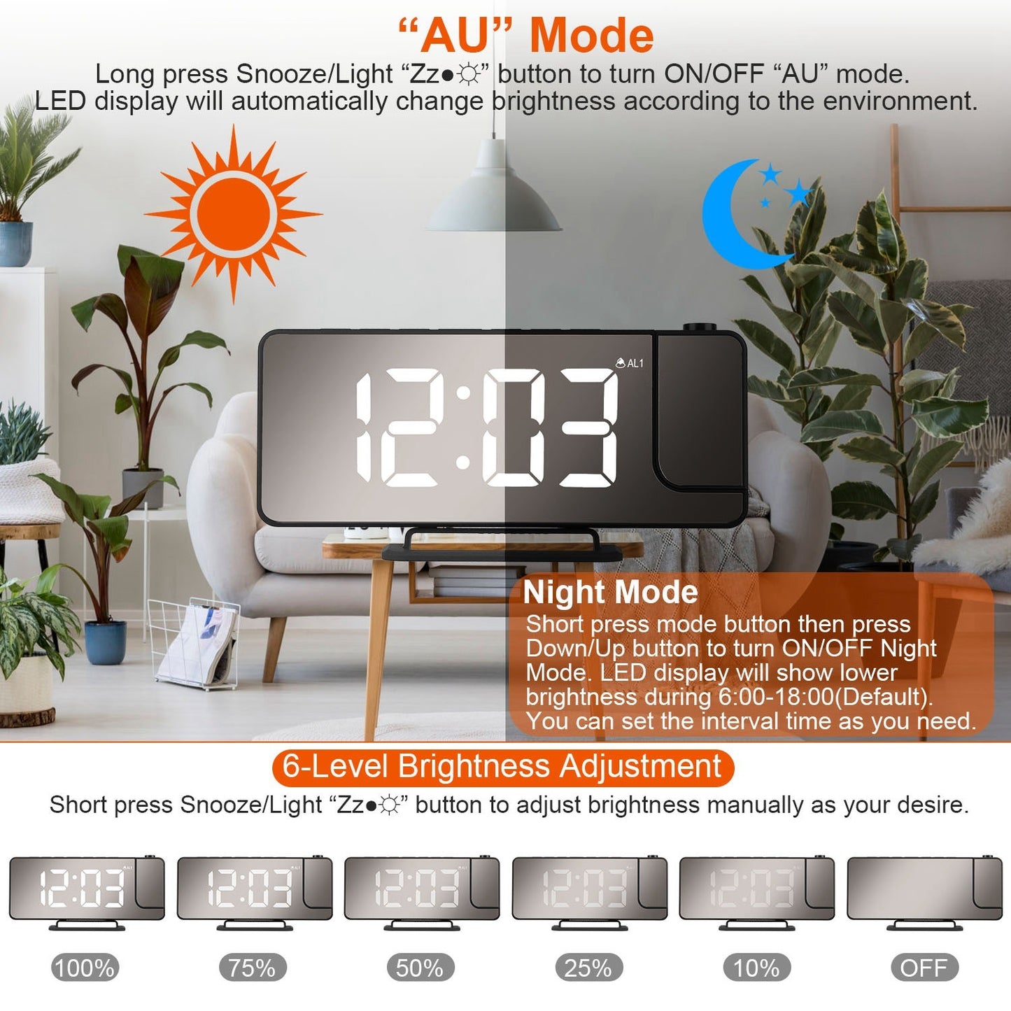Projection Alarm Clock LED 7.7in Mirror