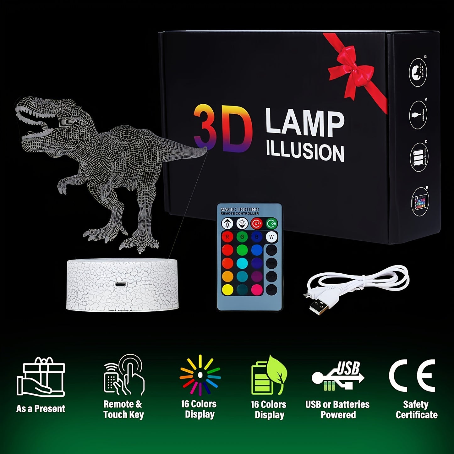 16 Colors 3D Illusion Bedside Lamp Remote Control