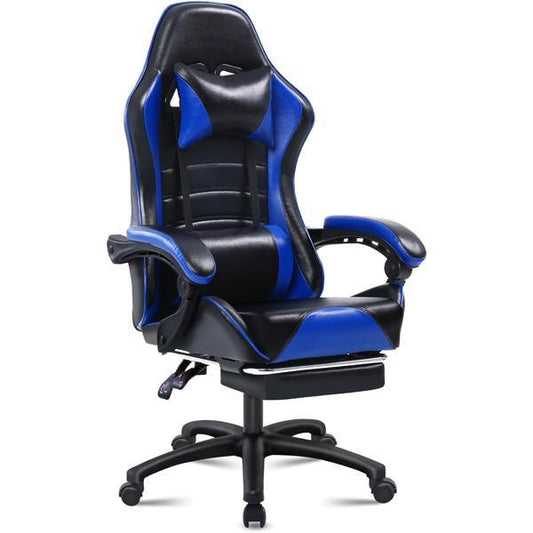 Reclining Game Chair, Adult Electronic Gaming Chair, Ergonomically Designed, PU Leather, Lounge Chair with Footstool and Waist Support, Office Chair, Blue