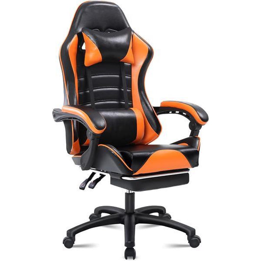 Reclining Game Chair, Adult Electronic Gaming Chair, Ergonomically Designed, PU Leather, Lounge Chair with Footstool and Waist Support, Office Chair, Orange