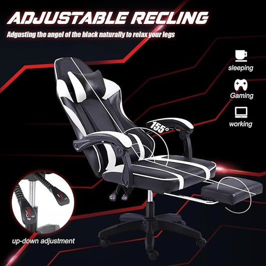 Reclining Video Game Chairs for Adults, PU Leather Gaming Chair with Footrest, 360°Swivel Adjustable Lumbar Pillow Gamer Chair